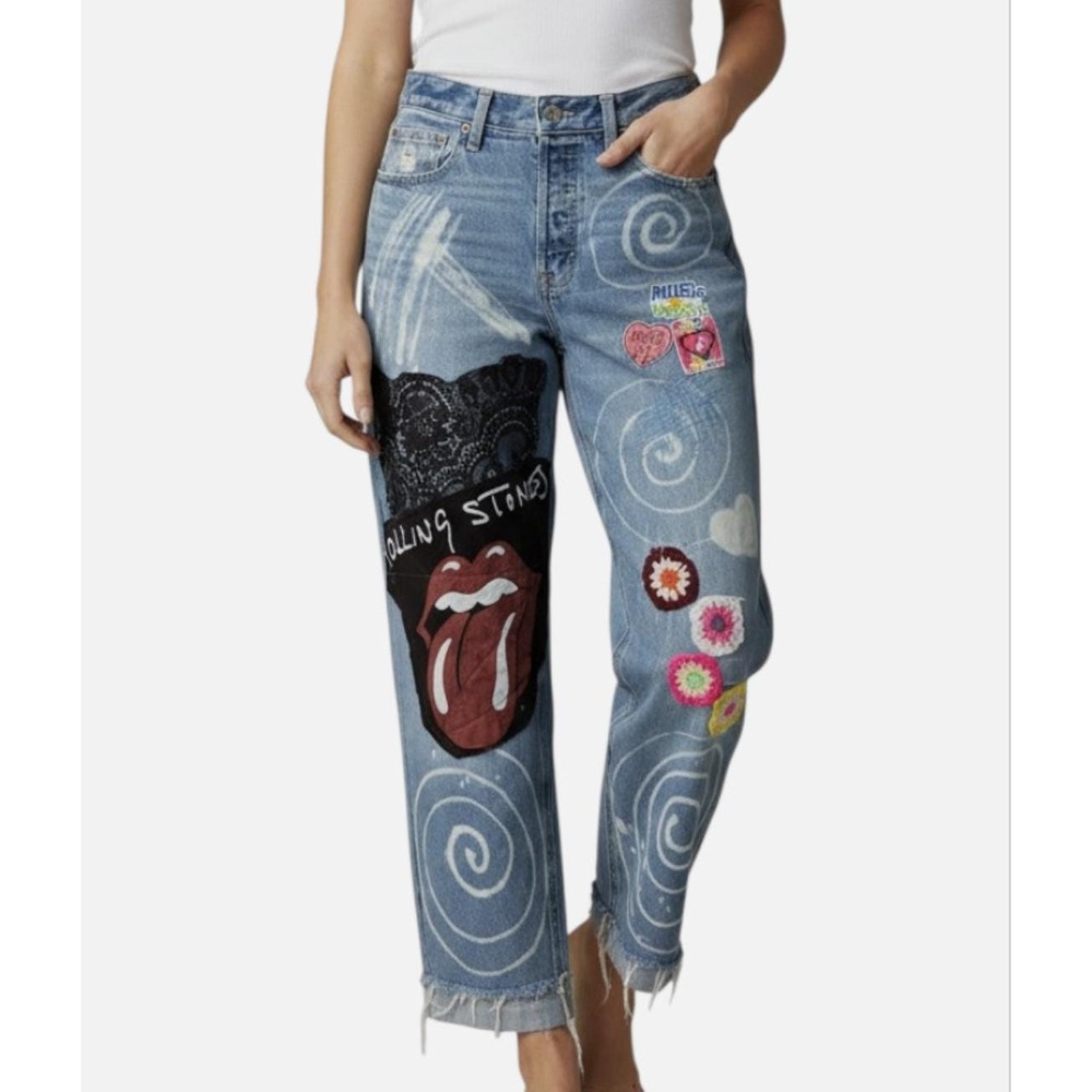 JEANS SIZE 6 Patched Bleached Art-To-Wear Music Upcycled Salvage Custom Graffiti